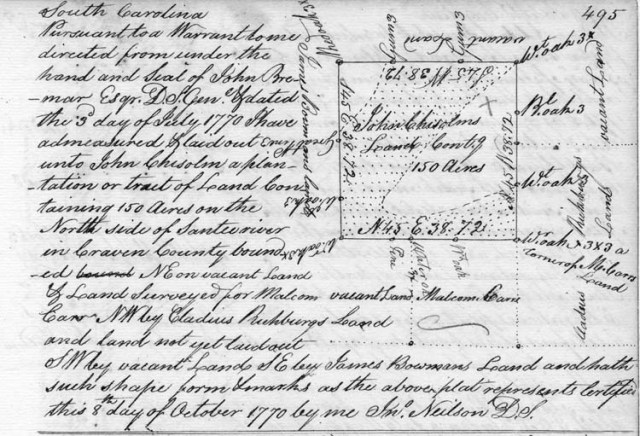1770 Oct 8 John Chisolm plat 150 acres in Craven Co SC on Santee Riv
