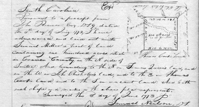1773 June 3 John Chisolm adjj to Samuel Miller in Craven Co SC on Santee Riv