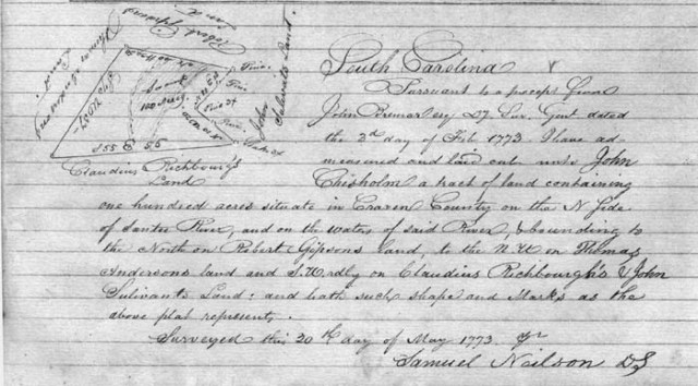 1773 May 20 100 acre plat to John Chisholm in Craven Co SC