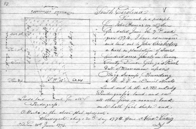 1774 June 20 John Chisholm 400 acre plat in SC