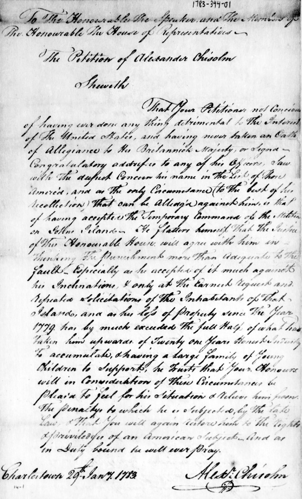 1783 Jan 29 petition of Alexander Chisolm