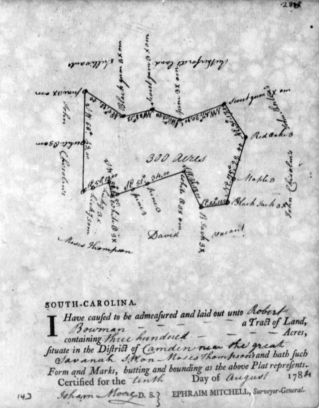 1784 Aug 10 John Chisolm adj to Robert Bowman in Camden Dist SC