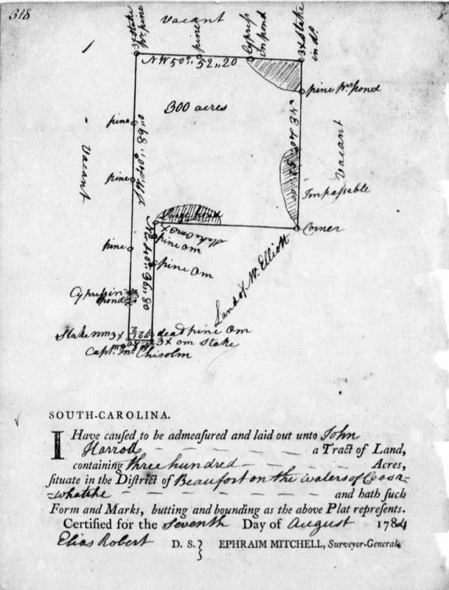 1784 Aug 7 w John Chisolm adj to John Harrod on Coosawhatchie Riv