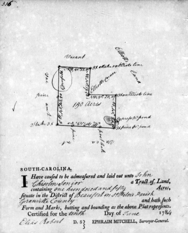 1784 June 10 plat 150 acres for John Chisolm Sr in Beaufort SC