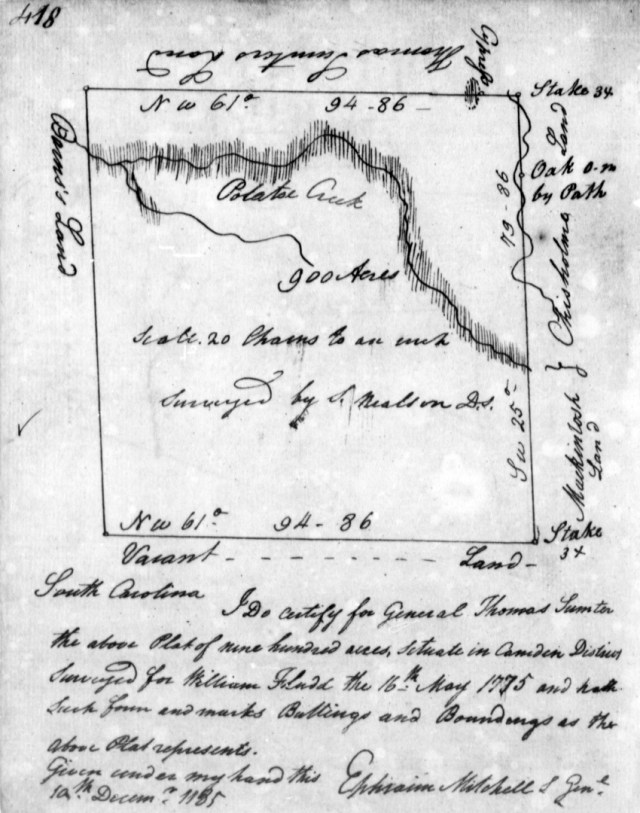 1785 Dec 10 Chisholme adj to Thomas Sumter on Potatoe Cr Camden Dist SC