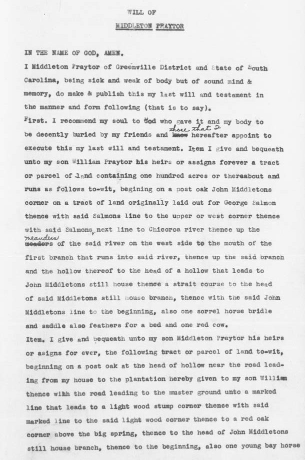1812 Sept 30 Middleton Praytor last will with William Chisom mentioned in will p1