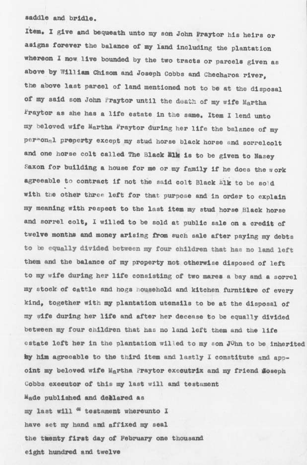 1812 Sept 30 Middleton Praytor last will with William Chisom mentioned in will p2