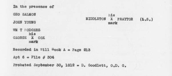 1812 Sept 30 Middleton Praytor last will with William Chisom mentioned in will p3
