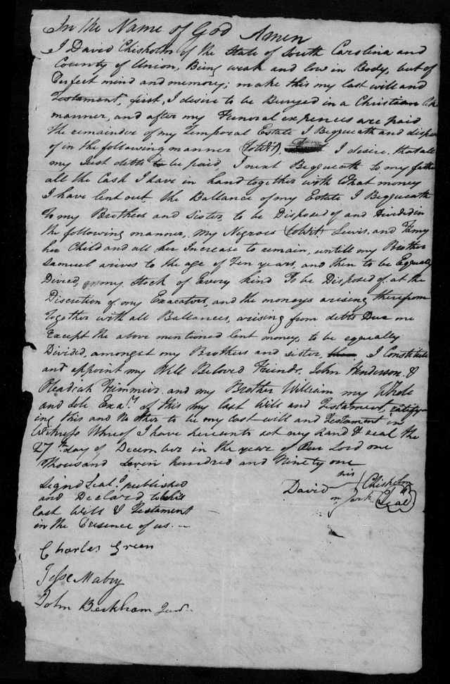 1791 David Chisholm will in Union Co SC