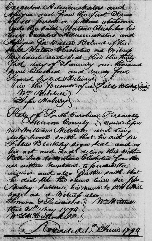 1794 Jan 31 – Fields Blacky to Watson Chisholm 2