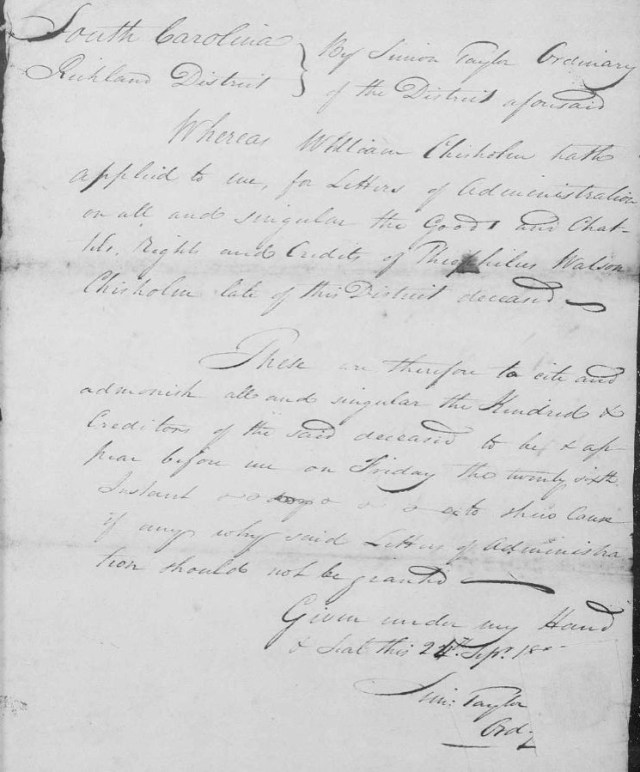 1800 Sept 24 – Theophilus Watson Chisolm, dec’d, William Chisholm, admr