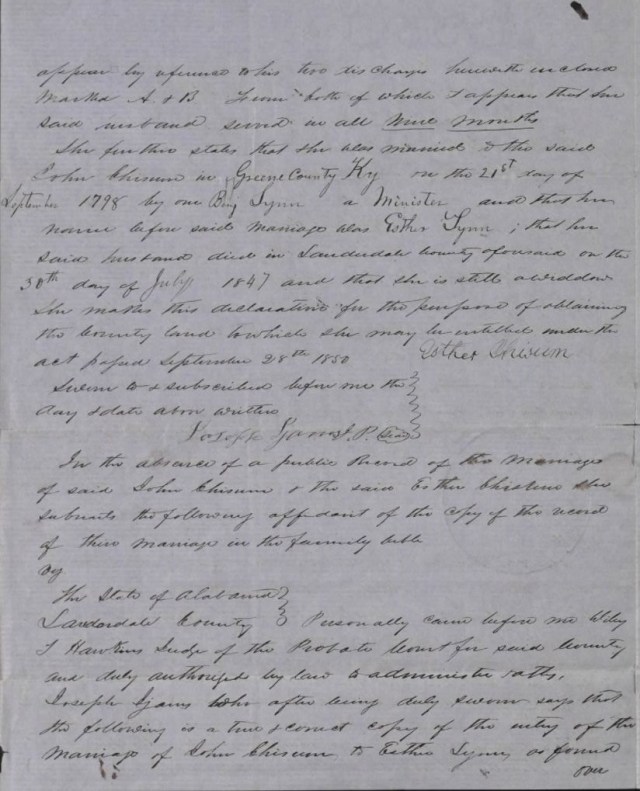 1852 War of 1812 Pension application of Esther, wife of John Chisum of Lauderdale Co, AL p2