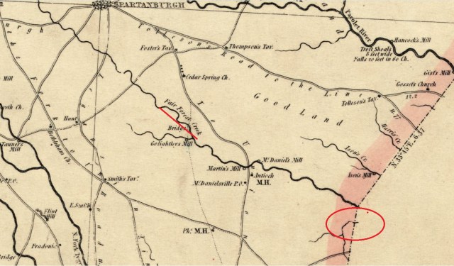 Fairforest Creek area of John Chisham land in 1768 on Spartanburg side marked