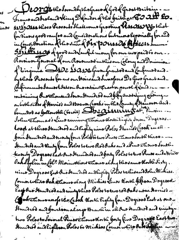 1735 July 7 - Land grant James Watson, grantee. Hanover County, Virginia 01