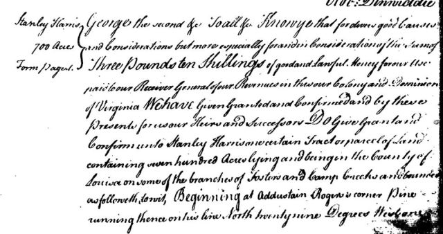 1756 Aug 16 - Land grant Stanley Harris, grantee. Louisa County, Virginia 01
