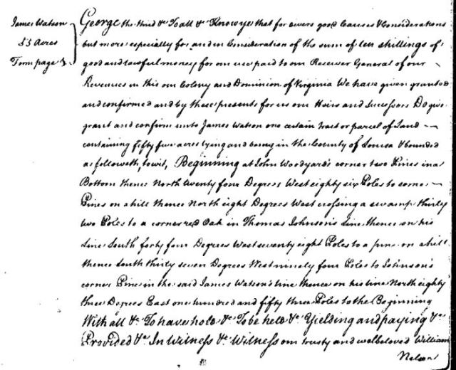 1771 Aug 3 - Land grant James Watson, grantee. Louisa County, Virginia 01