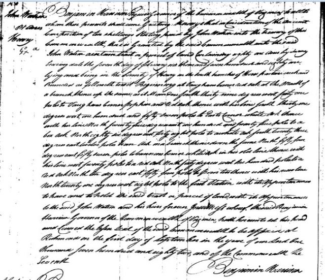1782 Sept 1 - Land grant John Watson, grantee. 81 acres. Henry County, Virginia