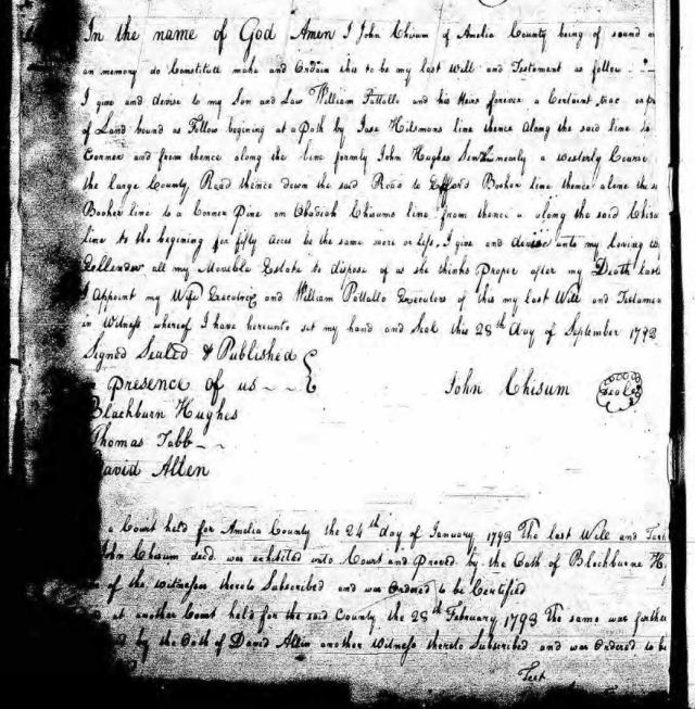 1792 John Chisum last will and testament in Amelia Co Va