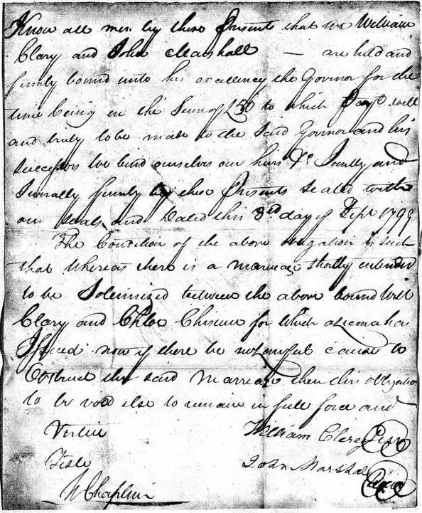 1799 Sept 9 marriage cert of Chloe Chisum to William Clary in Warren Co KY