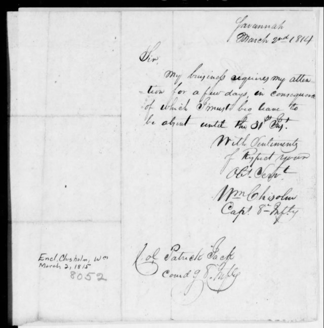 1814 March 2 William Chisolm corresp in Savannah Co Ga