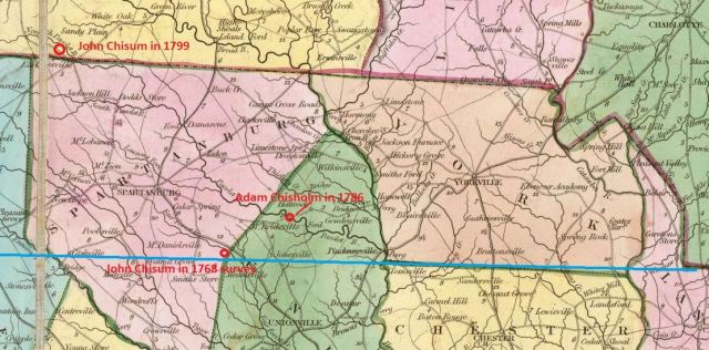 Map of John Chisholm land locations and Adam Chisholms location at Grindal Shoals