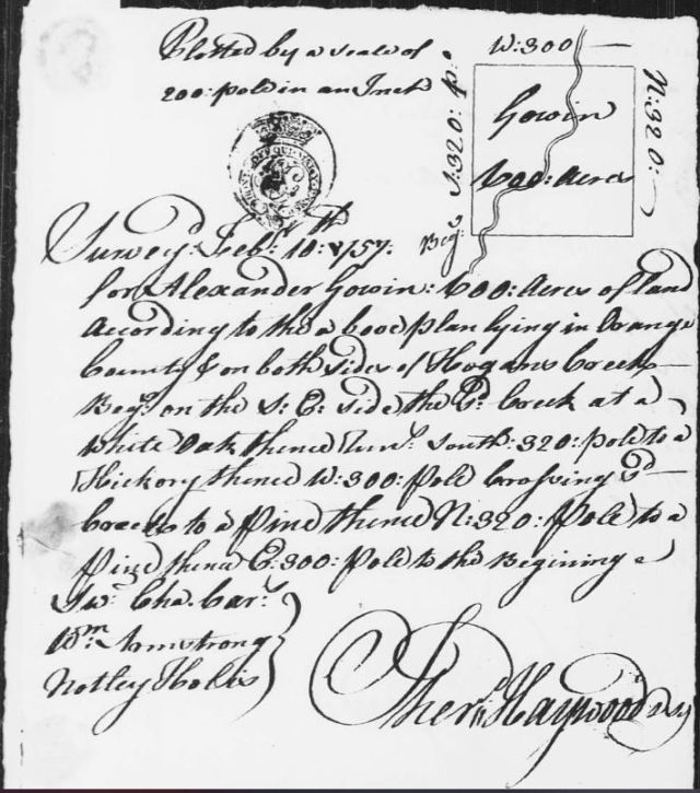 1757 Feb 10 survey for 600 acres for Alexander Gowin in Orange Co NC