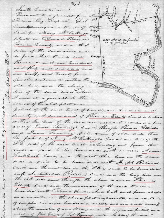 1771 Mary McCullough land grant for 1131 acres in SC adj Thos Elliott a Aaron Lockhart marked