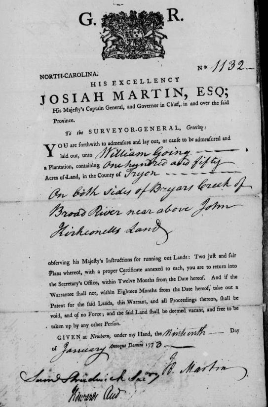 1773 Jan 19 order for surveyor to lay out 150 acres to William Going in Tryon Co NC