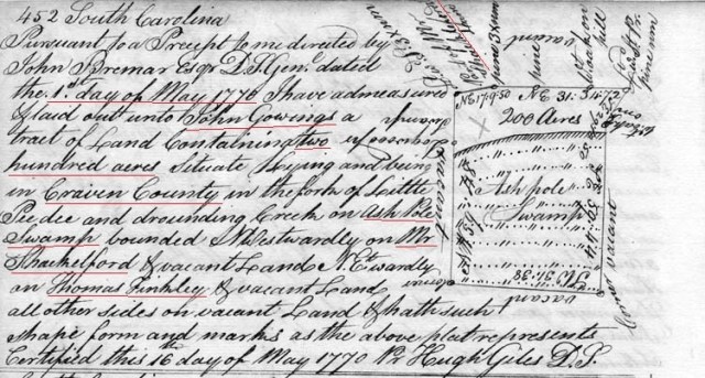 1770 SC Craven Co Survey for John Gowings