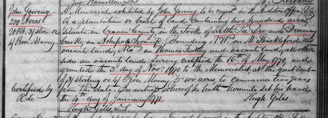 1771 John Gowing 200 acres in Ashpole Swamp in Craven Co SC memorial