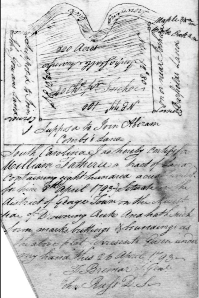 1793 Apr 26 – William Fatheree, Plat For 800 Acres On Drowning Creek adj John Gowan