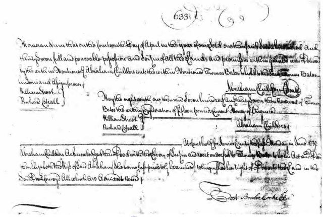 1737 May 30 p. 632. 30 May 1737 Abraham Childers of County & Parish of Henrico, to Thomas Bates bounded by Gowing Henrico Co Va marked snip 2