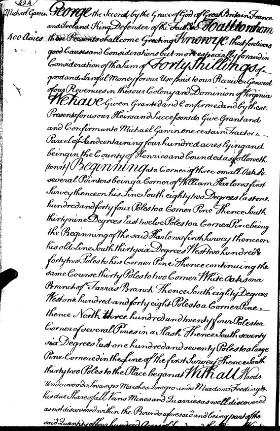1743 Michael Gawin 400 acres in Henrico Co Va p 1 snip