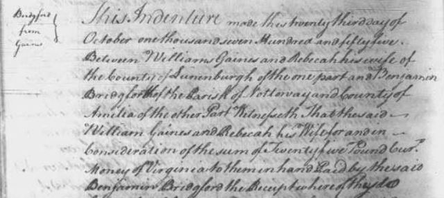 1755 William GAINS and wife Rebecca to Bridgford in Lunenburg