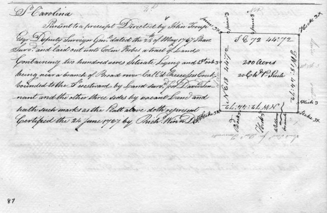 1767 June 25 - Survey for Colin Forbes his Plat For 200 Near Broad River, SC