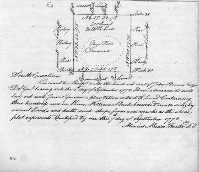 1772 Sept 7 James Gowen, Plat For 300 Acres In Prince Williams Parish. SC
