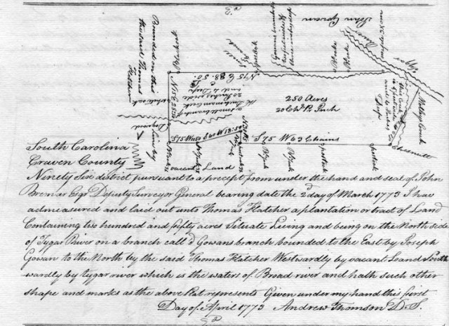 1773 April 1 FLATCHER, THOMAS, PLAT FOR 250 ACRES ON TYGER RIVER. w Joseph Gowan