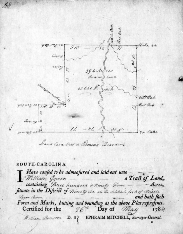 1784 May 26 William Gowen has 394 acres surveyed on the Sink Hole Fork of Middle Tygar River bounding E by Edmond Beardon