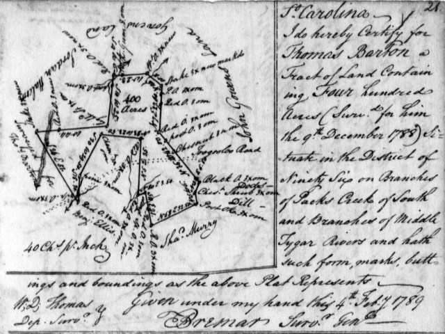 1789 Feb 4 Thomas Barton plat for 400 acres on Br of Packs Cr, Ninety Six Dist, SC w John Gowen