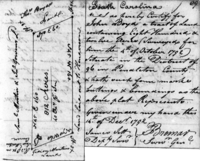 1792 Dec 14 John Boyd, Plat For 812 Acres In Pendleton County, Ninety Six District, SC w John Gowen