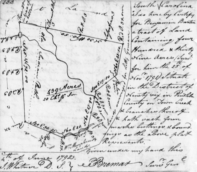 1792 June 4 Benjamin Barton, Plat For 439 Acres On Town Creek, Pendleton County, Ninety Six Dist, SC w Letty Gowen