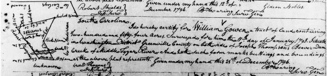 1796 Dec 21 William Gowen Plat For 254 Acres On Beaver Dam Creek, Greenville County, Washington District, SC