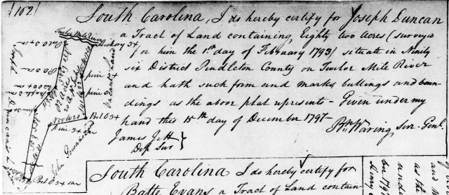 1797 Dec 15 Joseph Duncan plat for 82 acres on Twelve Mile Riv, Pendleton Co, Ninety Six Dist. w John Gowan