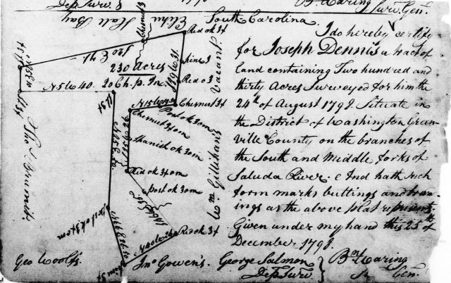 1798 Dec 25 Joseph Dennis Plat For 230 Acres On Branches Of Saluda River, Greenville County, Washington District, SC w John Gowen