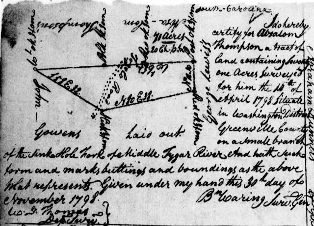1798 Nov 30 Absalom Thompson Plat For 71 Acres On Branch Of Sink Hole Fork, Greenville County, Washington District, SC w John Gowen