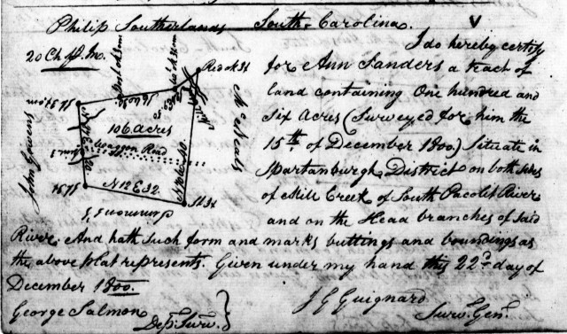 1800 June 22 Ann Sanders Plat For 106 Acres On Millcreek, Spartanburgh District, SC w John Gowen