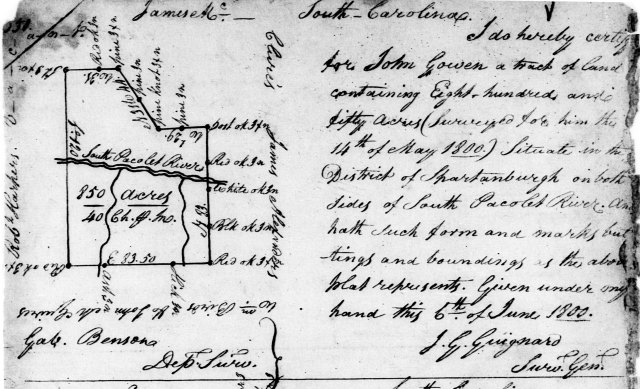 1800 June 6 John Gowen Plat For 850 Acres On Pacolet River, Spartanburgh District, SC