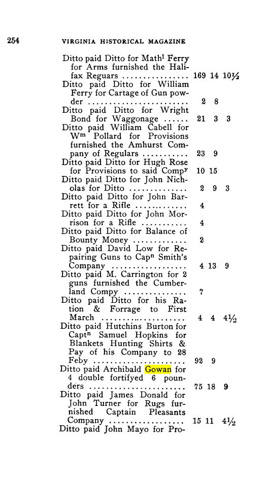 Virginians in Revolution 1776 02 23 to Mar 07 1776 snip with Archibald Gowan 4 double fortifyed 6 pounders