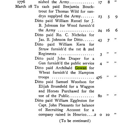 Virginians in Revolution 1776 03 11 to Mar 18 1776 snip Archibald Gowan furnished wheat