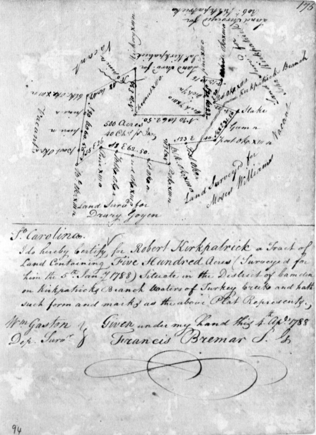 1788 April 4 Robert Kirkpatrick 500 acre plat adjacent to Drury Goyen Camden Dist, SC